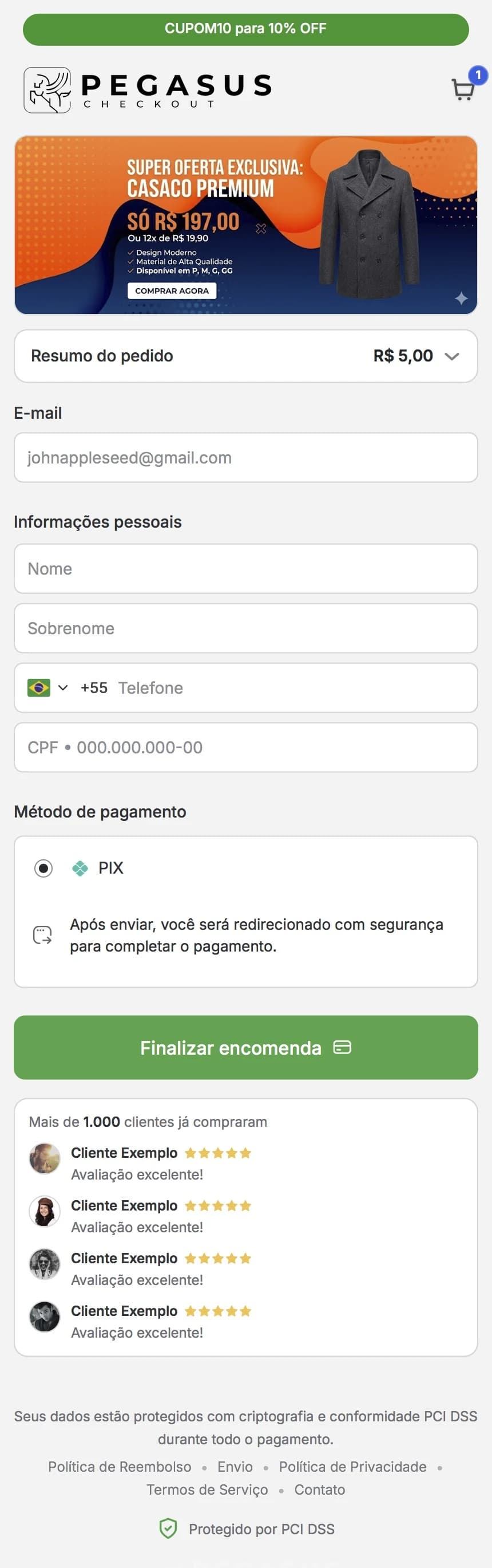 Checkout real da Pegasus com pagamento por PIX